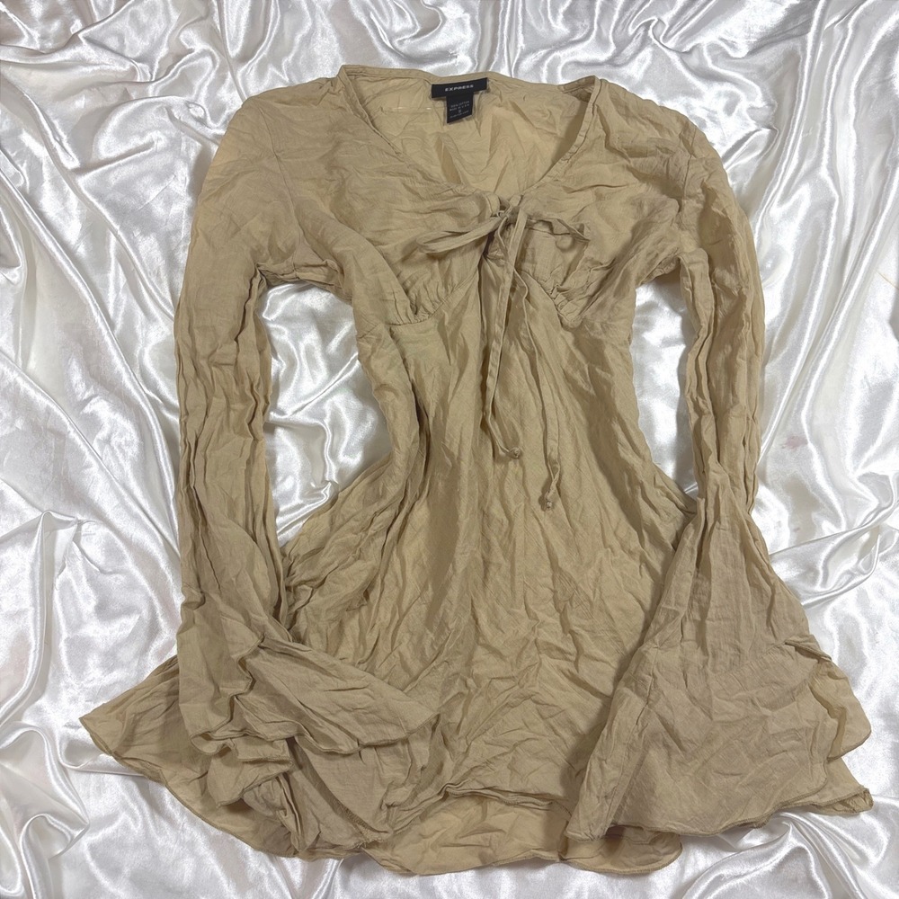 y2k Express Top Tan Excellent Bell Sleeve Tie Front Cotton Blouse S